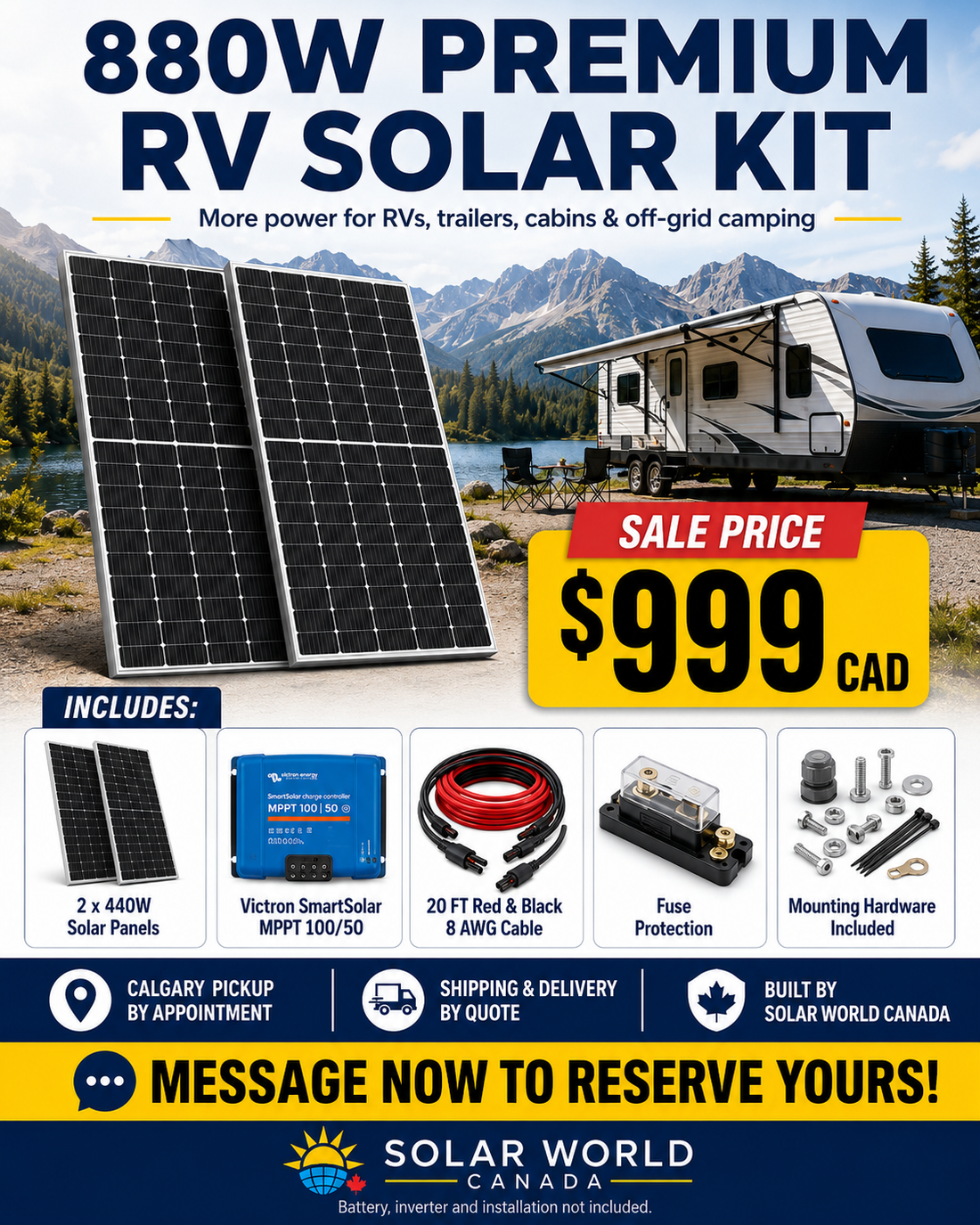 880W Premium RV Solar Kit with Victron MPPT 100/50, 2 x 440W Panels, Cable, Fuse & Mounting Hardware