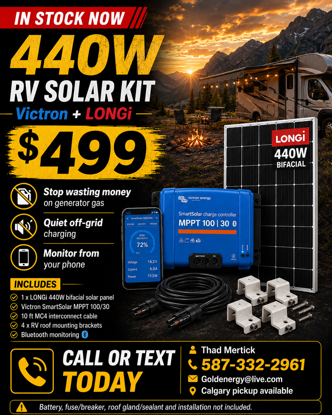 440W LONGi + Victron RV Solar Kit – Bluetooth MPPT 100/30