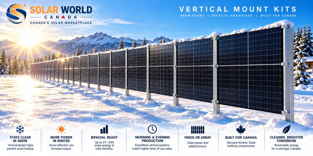 8-panel Solar World Canada vertical solar mount kit in snow, bifacial-ready winter solar racking
